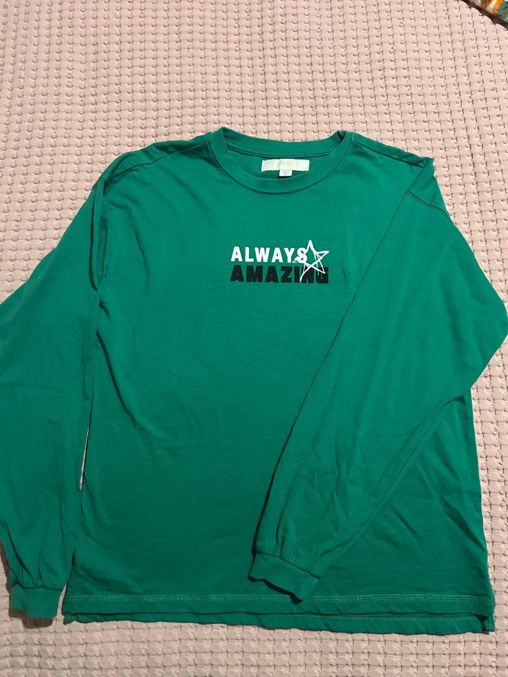 Zara Green Long Sleeve Tee with 'Always Amazing' Star Print